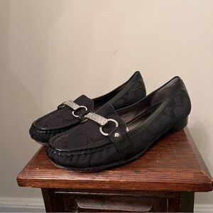 Coach Eileen Black Canvas Leather Monogram Slip On Loafers